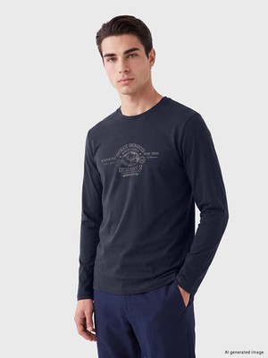 Lc Waikiki Yeni Sezon Lacivert Bisiklet Yaka Baskılı Erkek Sweatshirt