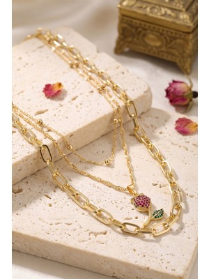 Clariss Gold Renk Lale Detaylı Kombin Kadın Kolye