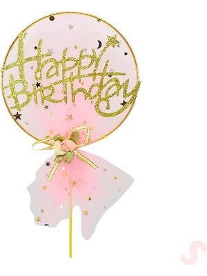 MSP Birthday Tüllü Metal Pasta Süsü, 21CM x 11CM - Pembe