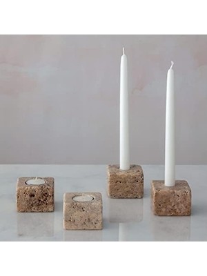 Prime Doğal Traverten Mermer Şamdan Mumluk 4lü Set Silver
