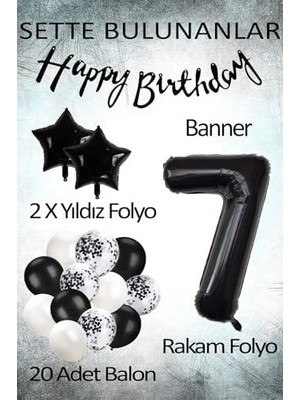 Prime Siyah Konsept 7 Yaş Doğum Günü Kutlama Seti; Beyaz Siyah Konfetili Balon, Rakam Yıldız Folyo ve Banner