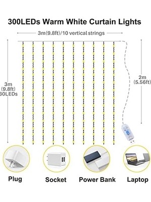 Prime Yizhet Işık Perdesi, 3 x 3 M, LED Işık Zinciri, Perde, 8 Modlu, IP65 Su Geçirmez, Iç ve Dış Mekan Dekorasyonu, Düğün, Parti,, Teras Için (300 Led, Sıcak Beyaz)