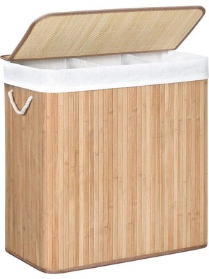 Prime Çamaşır Sepeti, Çamaşır Toplayıcı, Bambudan Yapılmış, Kulplu Çamaşır Sandığı, 3 Bölme, Klipsli Kapak, 150 L, Katlanabilir, Çamaşır Odası, Yatak Odası, Banyo, Doğal Renk LCB091N01