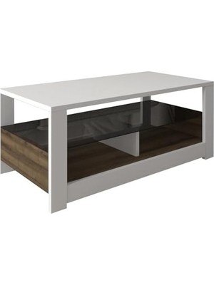 Prime Füme Cam Raflı Orta Sehpa - Modern Tasarım Sehpa, Beyaz/antik Ceviz