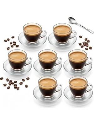 Prime 6 Kişilik Şeffaf Cam Kahve Fincan Takımı - 12 Parça Modern Espresso ve Türk Kahvesi Seti - Dayanıklı Cam Fincan ve Tabak Seti