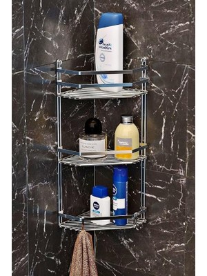MSP Üç Katlı Kancalı Banyo Köşe Rafı Krom ES076 Krm