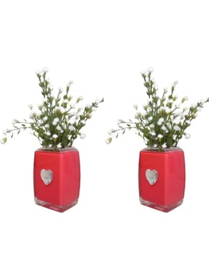 Nacario 2 Adet Dahil,vazoda Çiçek,beyaz Yapay Çiçek, Dekoratif Kristal Taşlı Kırmızı Kalpli 6X6X16CM