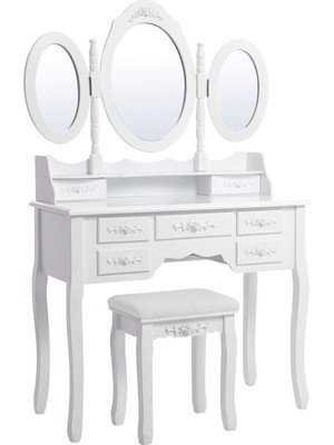 Prime 3 Aynalı ve Tabureli Tuvalet Masası, 7 Çekmece, Eğim Koruması, Lüks, 145 x 90 x 40 Cm, Beyaz RDT91W