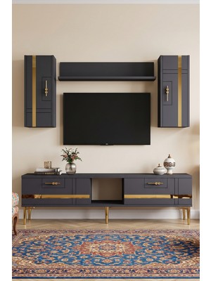 Yumedi Design TVR1542AG - Ilay Tv Ünitesi Takımı 150CM Antrasit-Gold