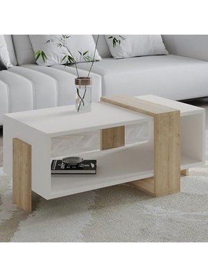 Prime Orta Sehpa – 90 cm Modern Tasarım – Raflı, Beyaz/safir Meşe