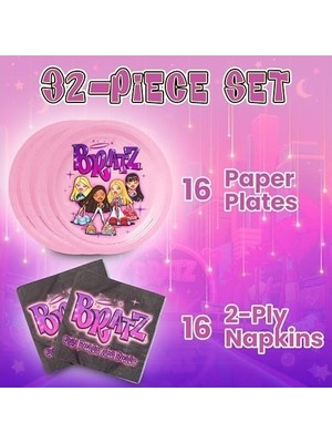 Prime Silver Buffalo Bratz Dolls 32 Parça Mor Kağıt Peçete ve Tabak Parti Paketi Yasmin, Sasha, Jade ve Cloe