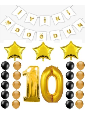 MSP Doğdun Yazılı 10 Yaş Gold Renk Doğum Günü Parti Seti (Renkli)