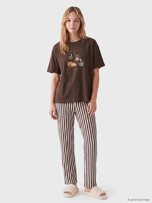 Lc Waikiki Yeni Sezon Ekru Bisiklet Yaka Baskılı Kadın Pijama Takımı