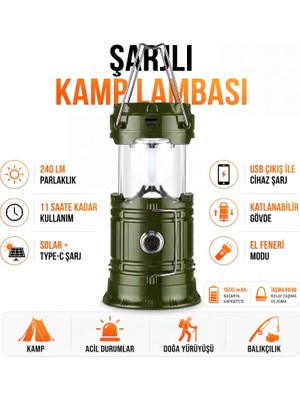 Prime Life 3 Fonksiyonlu Şarjlı Solarlı Kamp Lambası El Feneri Powerbank Özellikli Taşıma Kulplu Haki 5800T