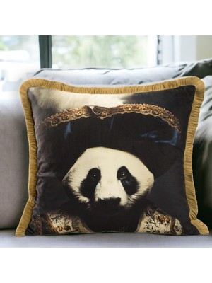 Prime Life Panda Desenli Lüks Dekoratif Hayvan Figürlü Bej Saçaklı Avangard Kadife Kırlent Kılıfı Sanatsal Tasarım