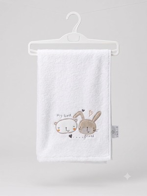 Prime Life TINYCARE%100 Pamuklu, Nakışlı, Hipoalerjenik Bebek Çocuk Banyo Havlusu- Yumuşak Doku, Beyaz, 85X115CM (Sevimli Dostlar)