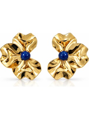 Poseidons Jewellery Gold Çiçek Figürlü Mavi Taşlı Küpe – Büyük Çiçek Tasarım, Şık ve Gösterişli