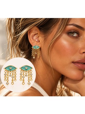 Poseidons Jewellery Gold Turkuaz Göz Figürlü Sallantılı Küpe – Zincir ve Taş Detaylı Şık Tasarım