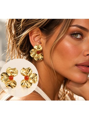 Hector&Co. Jewellery Gold Çiçek Figürlü Küpe – Kırmızı Taş Detaylı Büyük Çiçek Tasarım, Şık ve Gösterişli