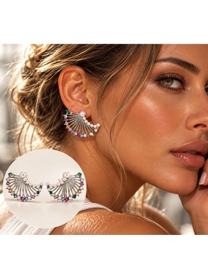 Hector&Co. Jewellery Gümüş Inci ve Renkli Taş Detaylı Yelpaze Küpe – Şık ve Gösterişli Tasarım