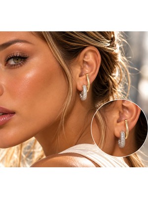 Hector&Co. Jewellery Gold Gümüş Taşlı Halka Küpe – Çift Renkli Işıltılı Modern ve Şık Tasarım