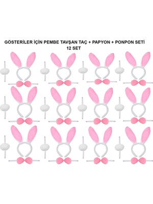 Die Grup Mey Ithalat® Pembe Tavşan Kostüm Seti – Taç, Papyon, Ponpon (12’li Paket)