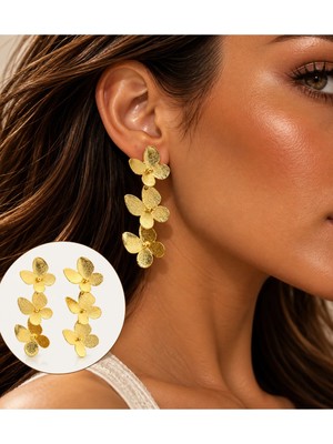 Poseidons Jewellery Kadın Gold Çiçekli Uzun Küpe – 3’lü Çiçek Motifli Sallantılı Şık Küpe