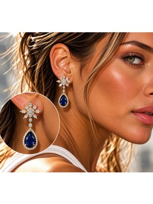 Hector&Co. Jewellery Tasarım Zarif Lacivert Taşlı Kristal Çiçek Gold Sallantılı Küpe