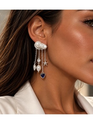 Hector&Co. Jewellery Gümüş Barok Inci Küpe – Zincirli Kalp ve Yıldız Detaylı