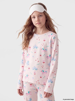 Lc Waikiki Yeni Sezon Pembe Bisiklet Yaka Baskılı Kız Çocuk Pijama Takım