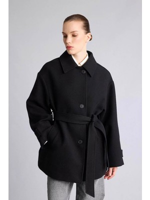 Defacto Kuşaklı Regular Fit Kaşe Siyah Kadın Ceket H3959AX/BK27