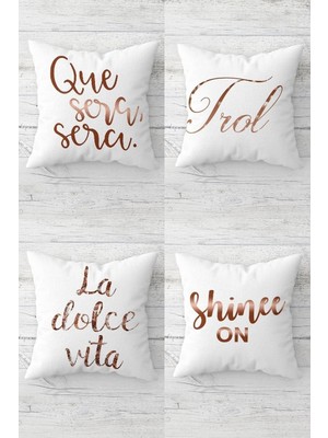 Pelangi La Dolce Vita Shine On Yazılı Gizli Fermuarlı Kırlent Kılıfı Koltuk Yastık Kılıfı TAKIM(4ADET), Beyaz-Rose Gold 45 x 45