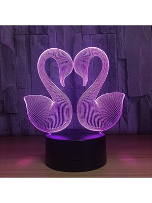 Ms 3 Boyutlu Çift Kuğu 3D LED Gece Lambası - 7 Farklı Işık