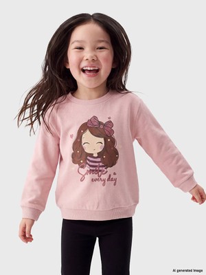 Lc Waikiki Yeni Sezon Pembe Bisiklet Yaka Baskılı Kız Çocuk Sweatshirt