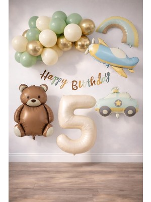 Ms Retro 5 Yaş Doğum Günü Seti; Uçak, Araba, Gökkuşağı, Ayıcık ve 20 Adet Lateks Balon Set