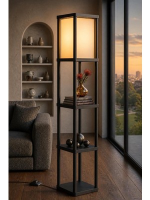 Dekoratif Raflı Lambader Siyah, 135 cm Modern Sehpalı Lambader, E27 Duy Uyumlu, 23X23 cm Raflı Salon Yatak Odası Ofis Aydınlatma
