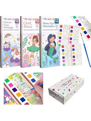 Paletli Sulu Boya Etkinlik Seti, Kendin Yap (Dıy) Kitap Ayracı, Çocuklar ve Yetişkinler Için 3 Adet Yeni Nesil Sulu Boya Defteri ve 3 Adet Sulu Boya Fırçası Dahil(Unicorn-Çiçek Perisi-Deniz Kızı)
