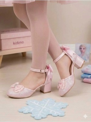 NeSe Shoes Kız Çocuk Topuklu Ayakkabı, Simli ve Fiyonklu Abiye Ayakkabı, Yeni Sezon — Pembe