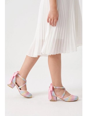 NeSe Shoes Önden Çapraz Bantlu Kız Çocuk Topuklu Ayakkabı, Abiye Ayakkabı, Yeni Sezon, Pırıltılı — Gökkuşağı