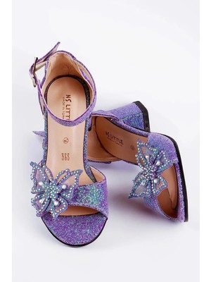 NeSe Shoes Kelebekli Kız Çocuk Topuklu Ayakkabı, Simli Abiye Ayakkabı — Mor