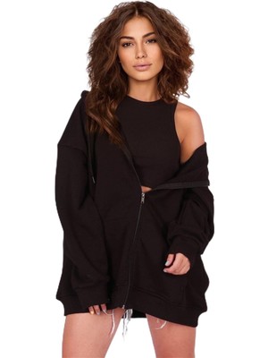 Madmext Mad Girls Siyah Kapüşonlu Sırt Baskılı Sweatshirt MG1195,SIYAH M