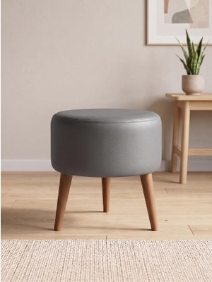 MSP Gri Deri Puf Tabure Ahşap Ceviz Ayaklı Yuvarlak Puf 40X42 cm