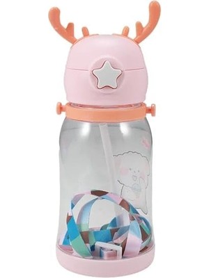 Orret Home Geyik Boynuzlu Pipetli Su Matarası, 600 ml Su Şişesi, Çocuklar Için Eğlenceli ve Güvenli Içme Deneyimi, Bpa Içermeyen, Dayanıklı ve Renkli Suluk (Pembe)