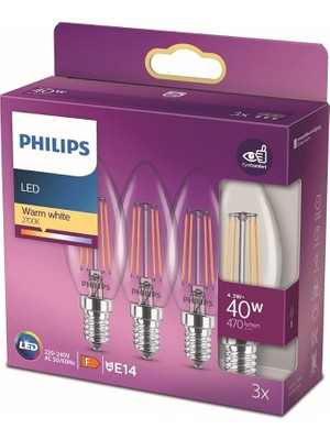 MSP LED Classic 40W B35 LED Mum Filament Ampul, 2700K Sarı Işık, E14 Ince Duy, Dim Edilmez, 3'lü Ekopaket