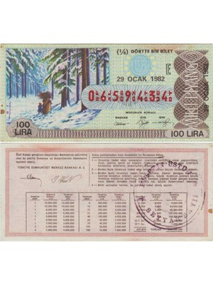 Banknoting Milli Piyango 29 Ocak 1982 Çeyrek 1/4 Bilet. Kış - Karlı Orman ve Odun Taşıyanlar Temalı 100 Lira E Serisi. Ufak Lekeleri Var.
