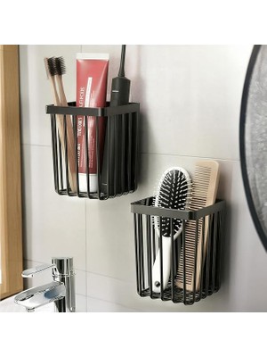MSP Home 2'li Set Yapışkanlı Diş Fırçalık, Saç Fırçası Tarak Düzenleyici, Banyo Düzenleyici Banyo Rafı Siyah