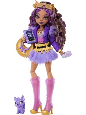 MSP High Mor Motosiklet Ceketi ve Tüylü Etek Giyen Monster High Clawdeen Wolf Bebek, Kurt Crescent ve Kitap, Kruvasan ve Çanta Gibi 7 Aksesuar, JHK30