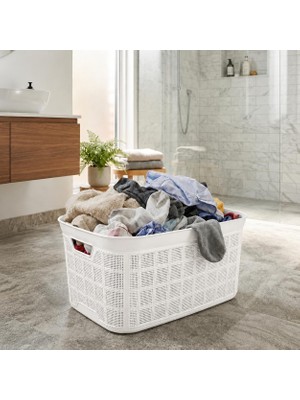 Ms 35 Lt Örgü Desenli Plastik Çamaşır Sepeti, Krem Rengi Temiz Çamaşır Selesi, Kulplu Büyük Boy Banyo ve Çamaşır Odası Düzenleyici Kirli ve Temiz Çamaşır Sepeti (Beyaz)