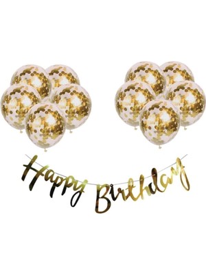MSP Gold Konfetili Şeffaf Balon Happy Bırthday Kaligrafi Banner Yazısı