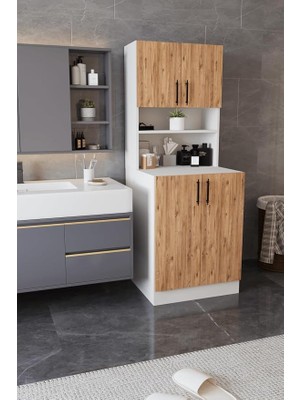 MSP Çamaşır Makinesi Dolabı Banyo Boy Dolabı Safir Meşe